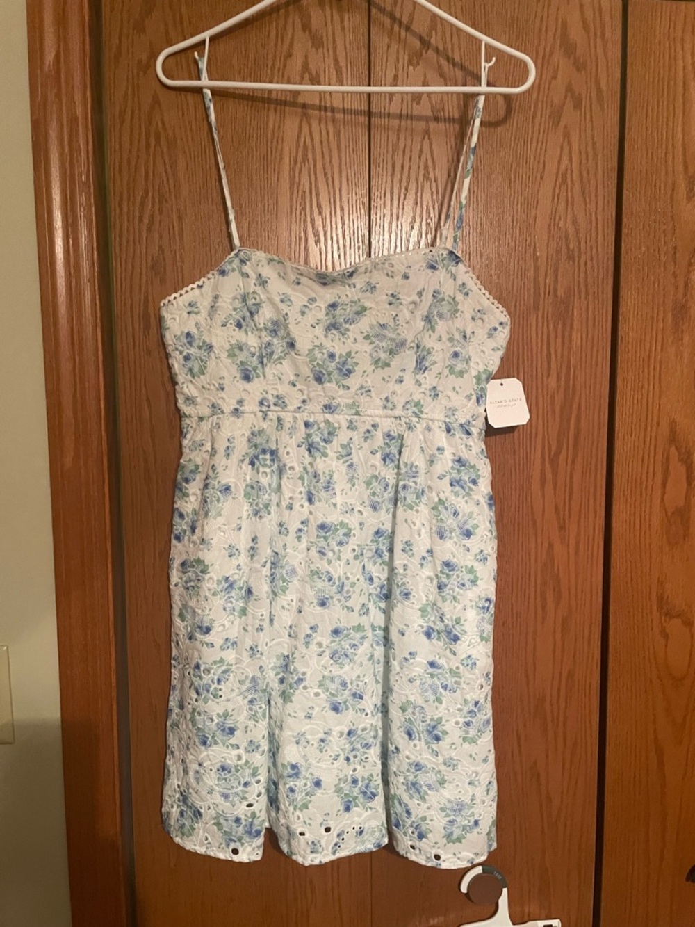 Altar’d State White Floral Eyelet Sundress with Blue & Green Flowers